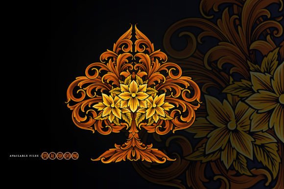 Ace of Spade Engraved Ornament Floral Graphics & Illustrations