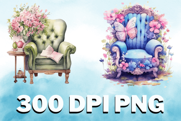 Chair Floral Watercolor Clipart Set V02 Graphics & Illustrations