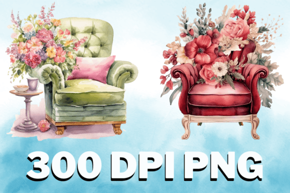 Chair Floral Watercolor Clipart Set V16 Graphics and Illustrations