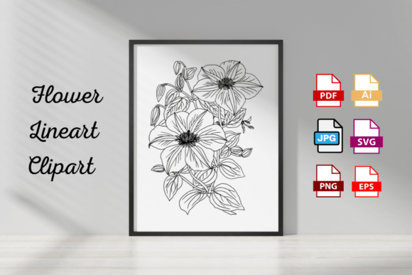 Clematis Floral Line Drawing Clipart for Graphics and Illustrations