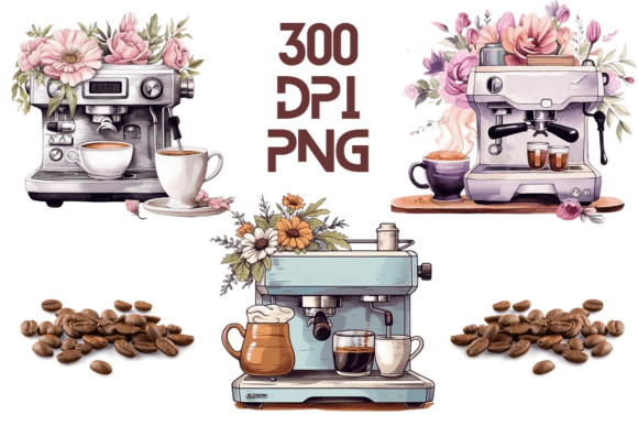 Coffee Machine Watercolor Floral PNG 02: Graphics & Illustrations Review