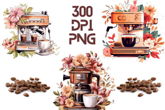 Coffee Machine Watercolor Floral PNG 11 for Graphics and Illustrations