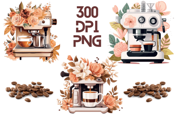 Coffee Machine Watercolor Floral PNG 12 for Graphics and Illustrations
