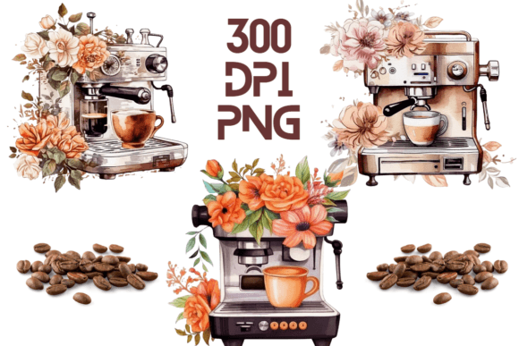 Coffee Machine Watercolor Floral PNG 17 Graphics and Illustrations