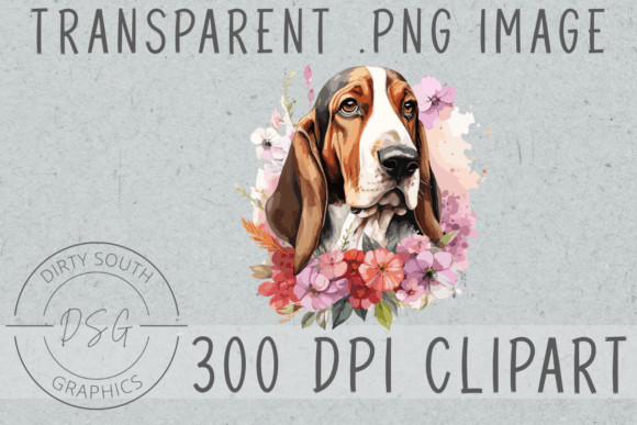 Floral Bassett Hound Dog Graphics for Editorial Illustrations