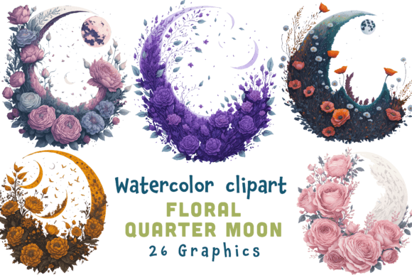 Floral Quarter Moon Watercolor Clipart Graphics & Illustrations Review
