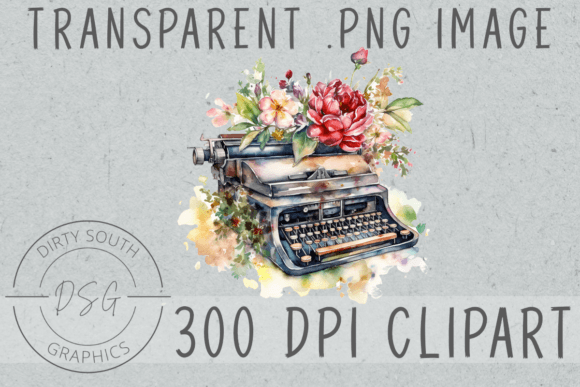 Floral Watercolor Typewriter Clip Art Graphics and Illustrations