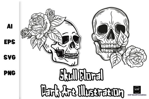 Skull Floral Dark Art Illustration V10 for Graphics and Illustrations