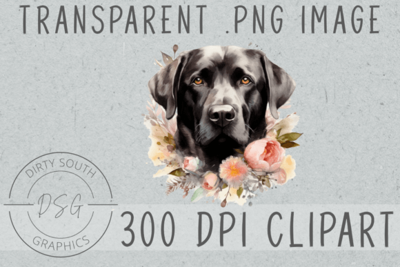 Watercolor Black Lab Floral Clip Art Graphics and Illustrations
