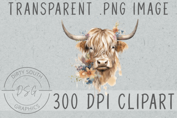 Watercolor Floral Highland Cow Clip Art Graphics and Illustrations