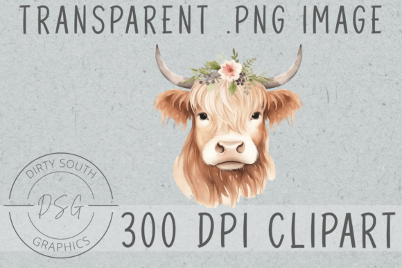 Watercolor Floral Highland Cow Graphics and Illustrations