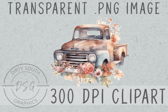 Watercolor Floral Vintage Truck Clip Art Graphics